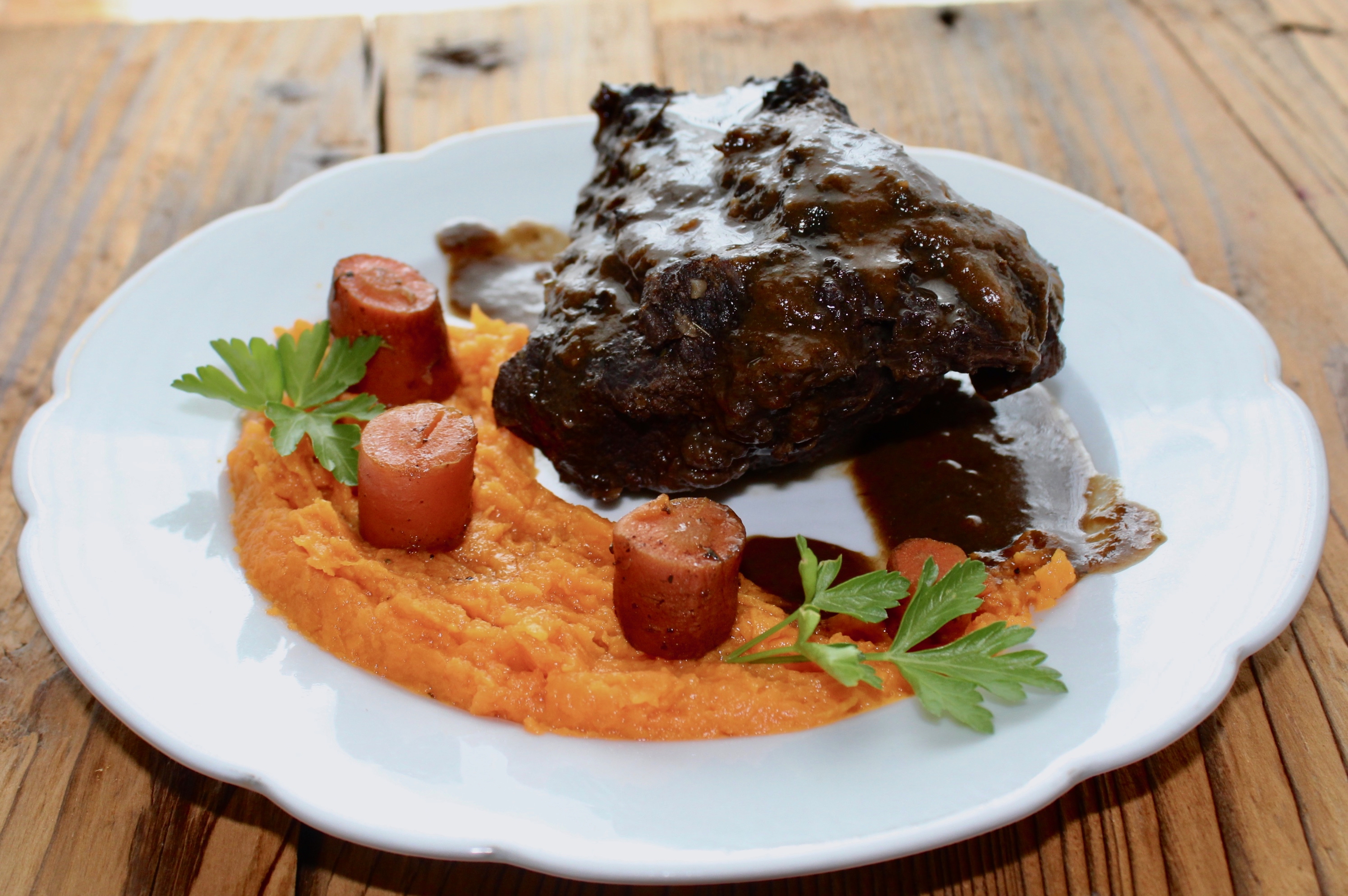 Ochsenbacken mit Teemarinade u Süßkartoffel Püree